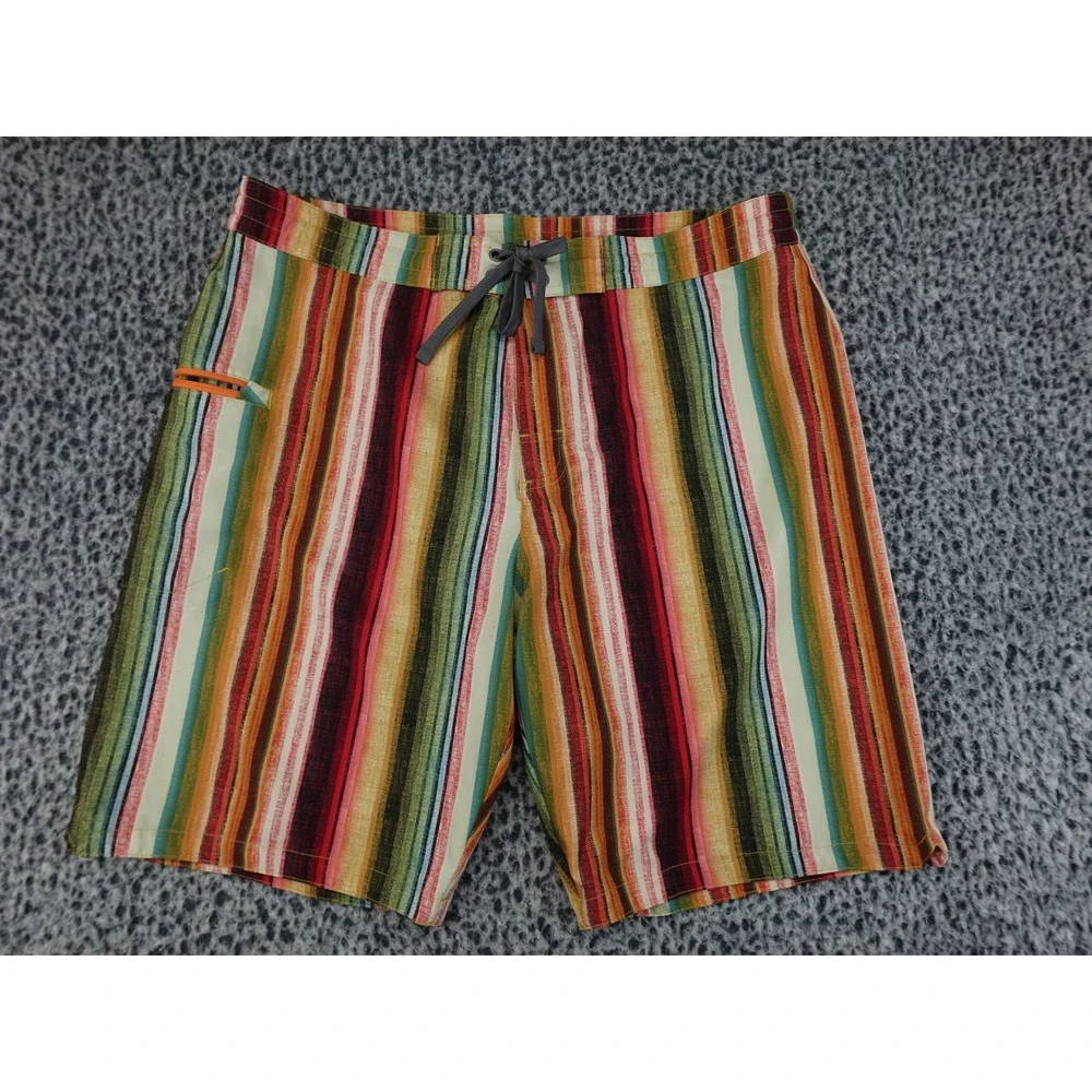 Prana Board Shorts Mens 36 Multi Color Striped‎ Drawstring Surf Swimwear